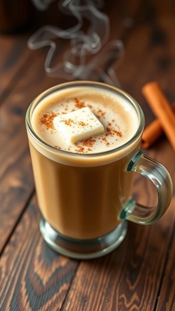 A cup of creamy butter coffee with melted butter on top, sprinkled with cinnamon, on a rustic wooden table.